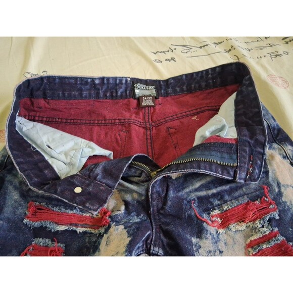 Smoke Rise Jeans Mens 34x32 Blue Denim Distressed Graphic Streetwear Punk - Picture 5 of 8